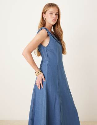 Ghospell Denim Ruffle Midaxi Dress