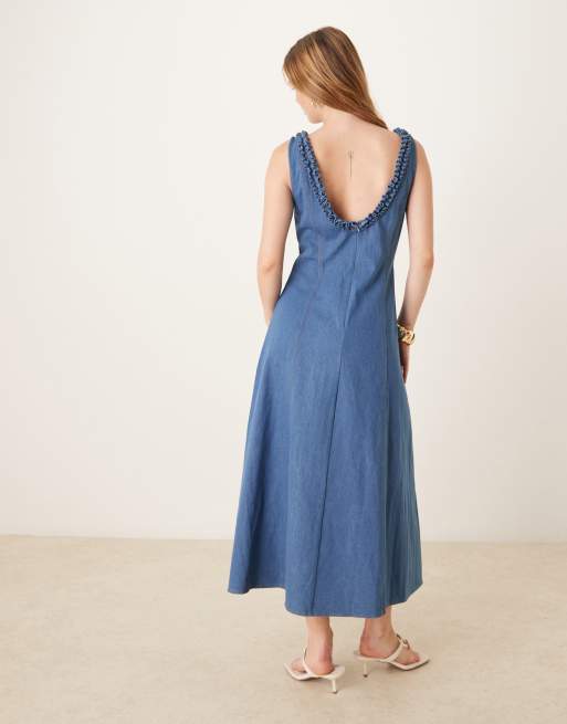 Ghospell denim ruffle midaxi dress in blue, 3 of 4