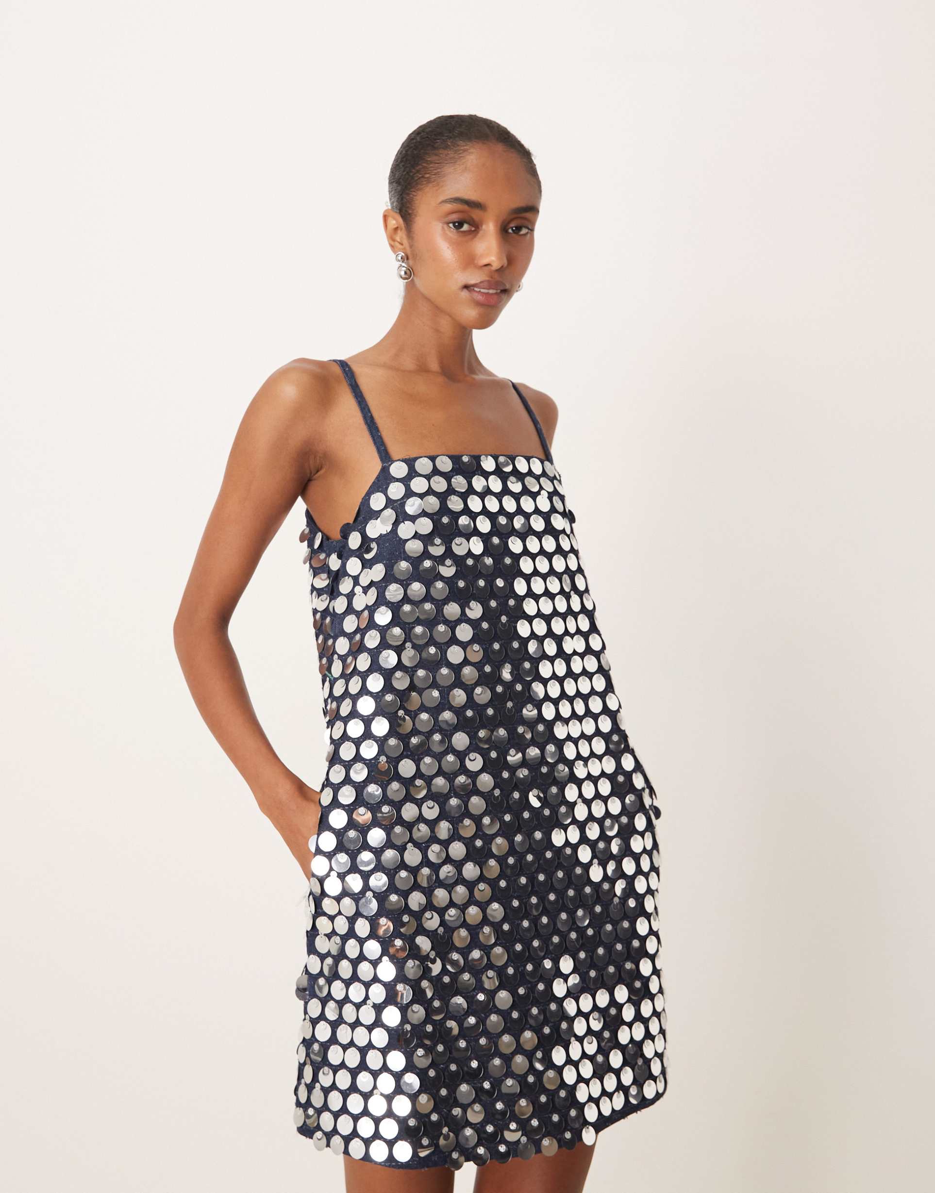 ghospell denim sequin mini shift dress in silver