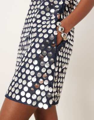 Ghospell Denim Sequin Mini Shift Dress In Green