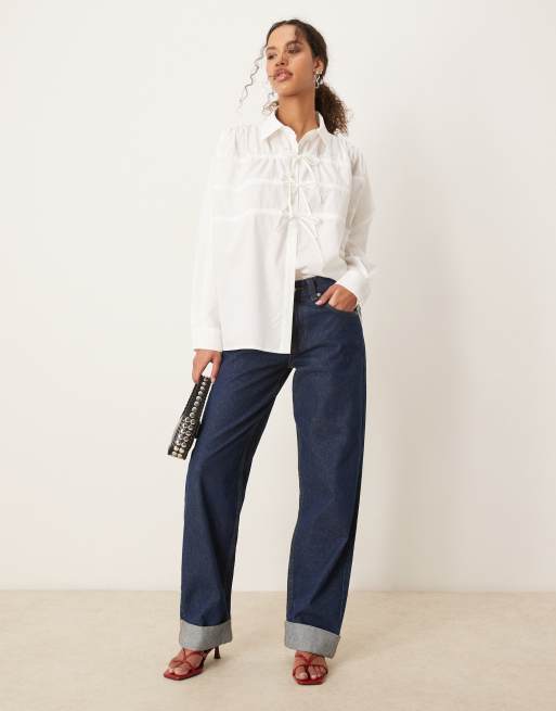 Ghospell drawstring bow detail shirt top in pearl ivory