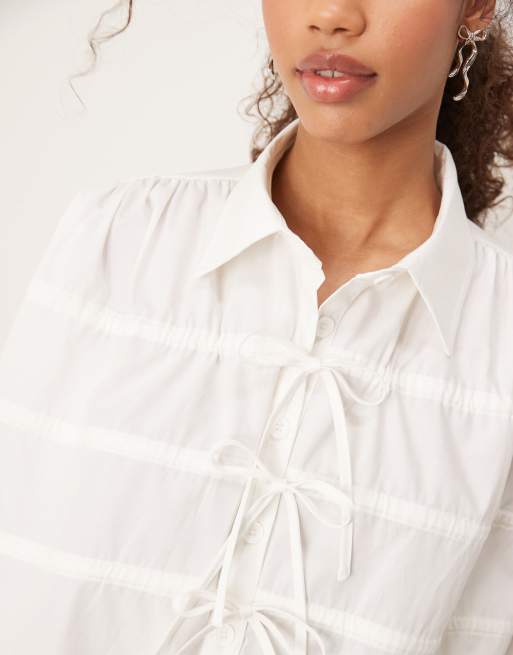 Ghospell drawstring bow detail shirt top in pearl ivory