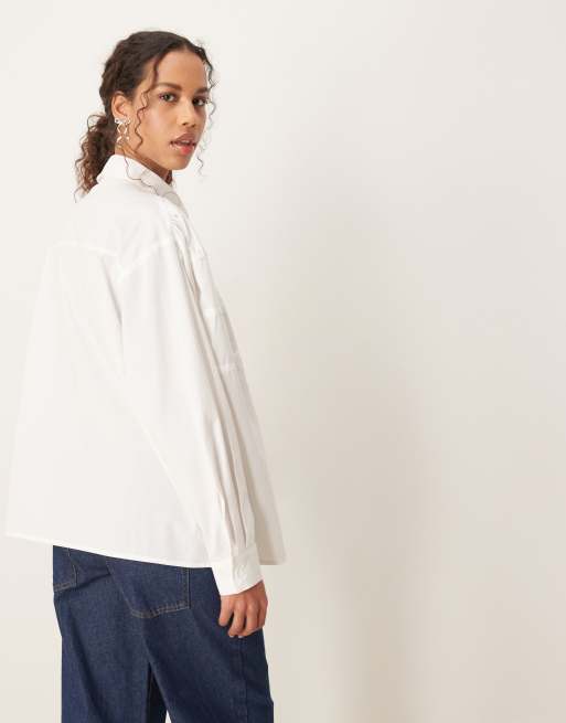 Ghospell drawstring bow detail shirt top in pearl ivory