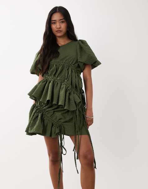 Ghospell drawstring detail floaty mini skirt co-ord in dark green
