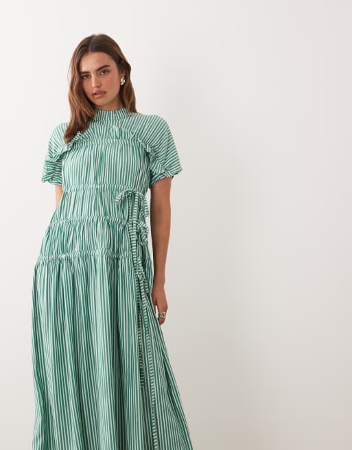 Ghospell drawstring detail short sleeve midi dress in green stripe, 4 of 4