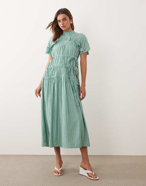 Ghospell drawstring detail short sleeve midi dress in green