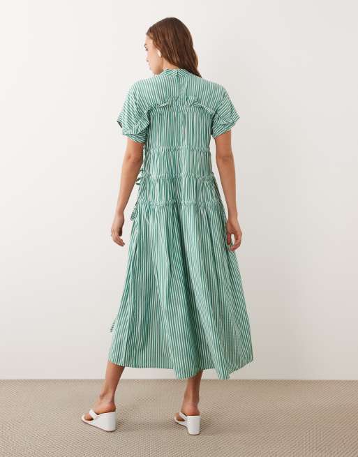Ghospell drawstring detail short sleeve midi dress in green striped print, 2 of 4