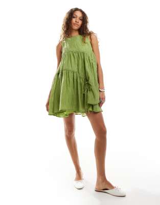 Ghospell Drawstring Mini Dress In Olive-green