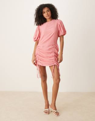 Ghospell Drawstring Puff Sleeve Mini Dress