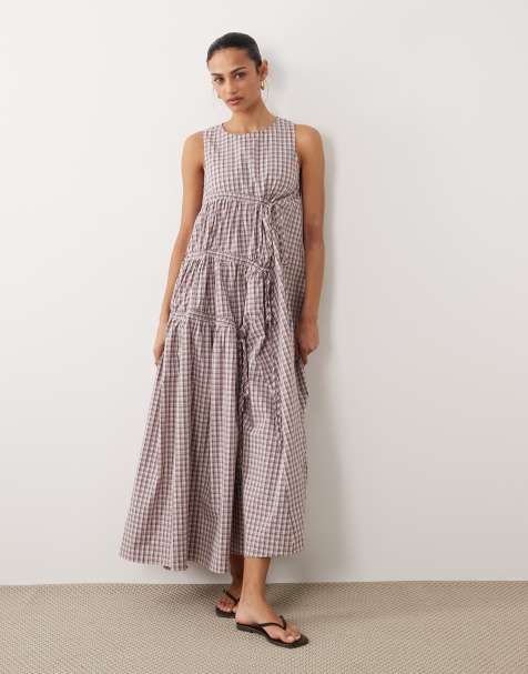 Ghospell drawstring tie detail sleeveless ruched midi dress in pink gingham - view 1