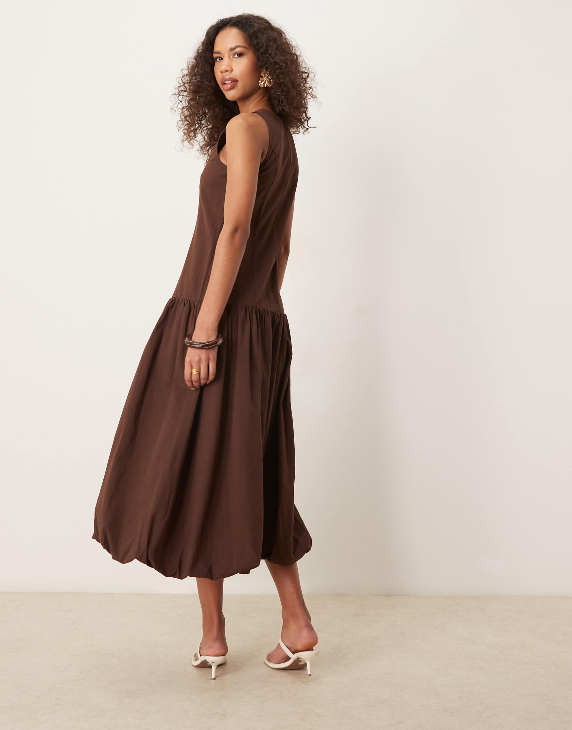 ghospell drop hem midi dress in chocolate brown
