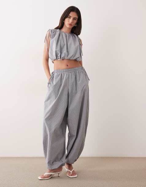 Ghospell elastic waist tie side detail balloon pants in gingham - part of a set - view 1