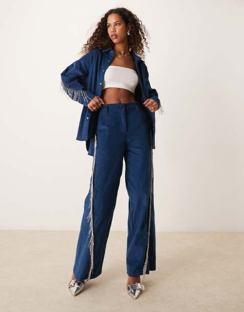 Ghospell embellished cord trouser co-ord in navy - view 1