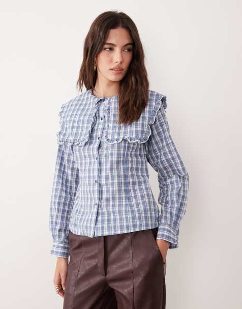 Ghospell Esra cotton rich oversized collar blouse in blue plaid - view 1