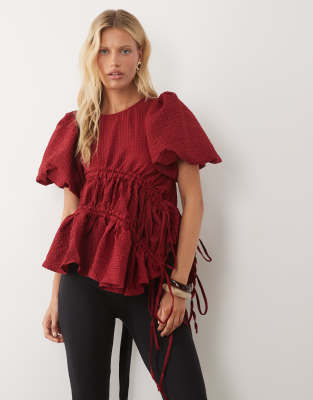 Ghospell Exclusive Cotton Bubble Drawstring Detail Top In Red