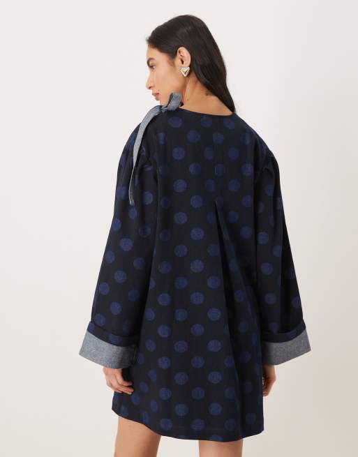 Ghospell exclusive denim bow detail boxy mini dress in polka dot, 3 of 4