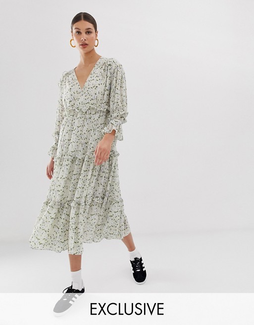 Ghospell exclusive oversized midi smock dress with ruffle detail in vintage ditsy floral