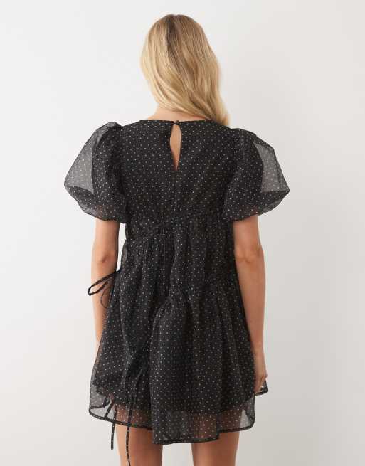 Ghospell exclusive seersucker puff sleeve asymmetric drawstring mini dress in black polka dots, 4 of 4