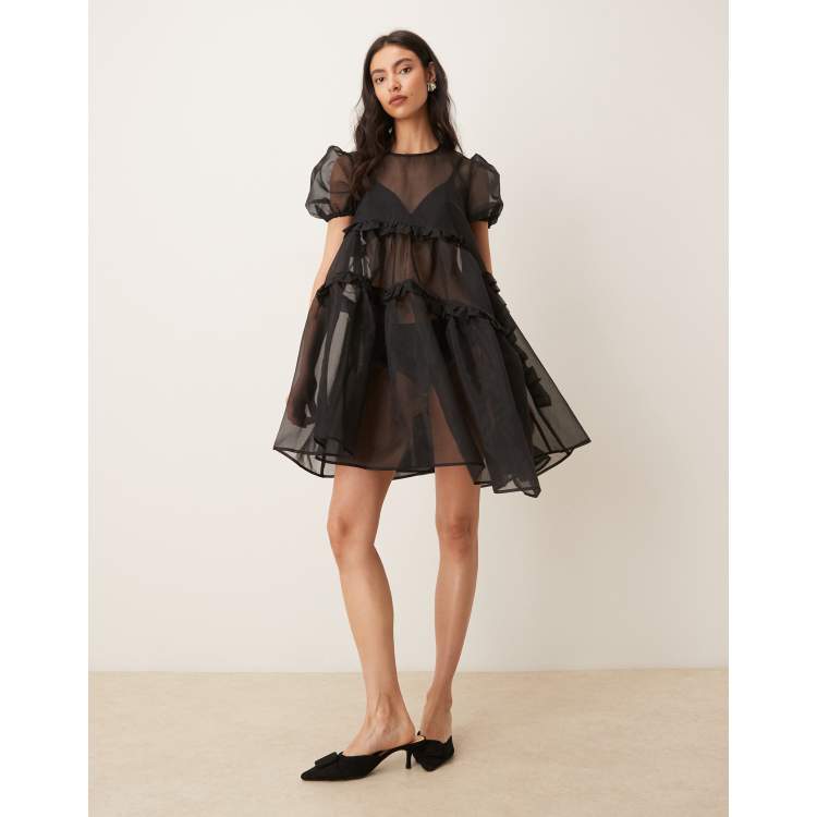 Ghospell exclusive sheer organza puff sleeve tiered ruffle