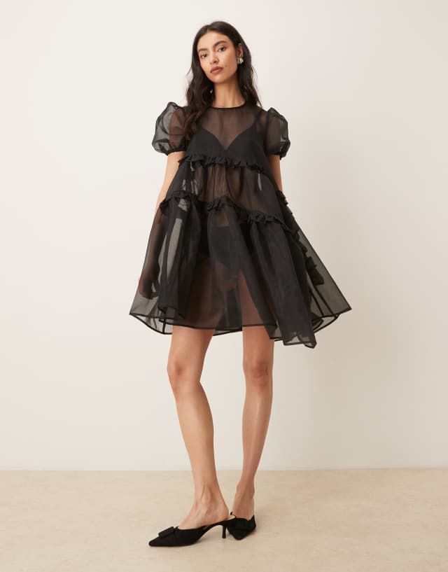 tommy hilfiger sheer-sleeve asymmetrical dress Ghospell exclusive sheer organza puff sleeve tiered ruffle asymmetric hem mini in black Elevate your wardrobe with couper Idalina Ivory White Asymmetrical Color:Flore