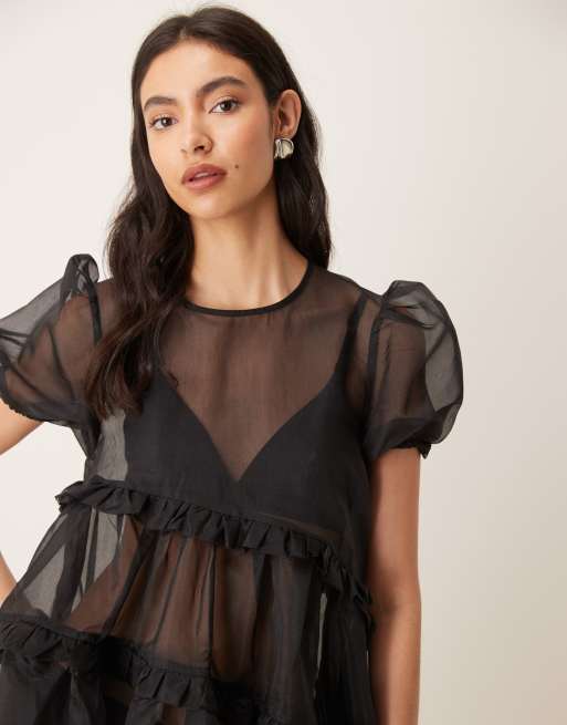 Ghospell exclusive sheer organza puff sleeve tiered ruffle
