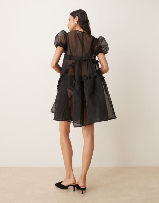 Ghospell exclusive sheer organza puff sleeve tiered ruffle