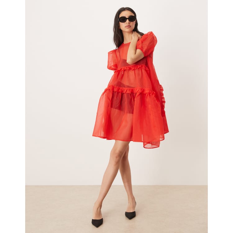 Ghospell exclusive sheer organza puff sleeve tiered ruffle