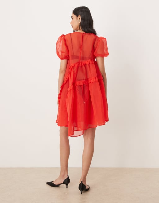 Ghospell exclusive sheer organza puff sleeve tiered ruffle