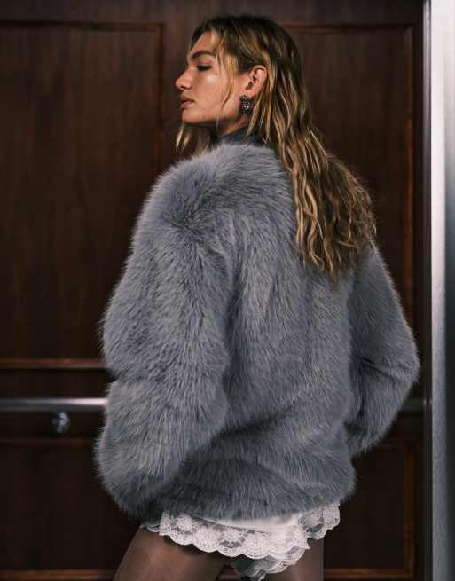 Ghospell faux fur collarless jacket in charcoal gray | ASOS