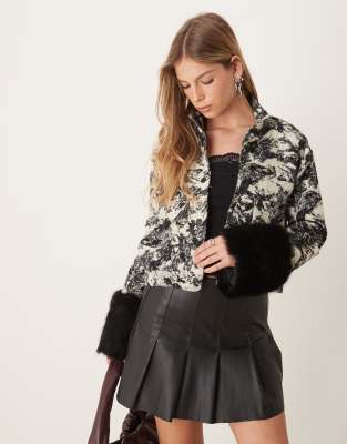 faux fur cuff funnel jacket in black and white-Brown