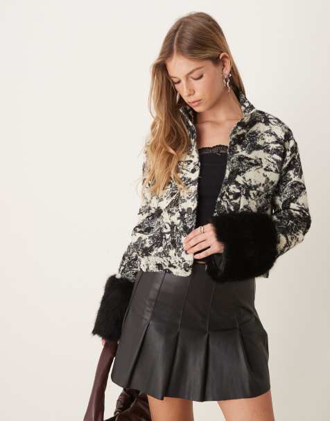 Ghospell faux fur cuff funnel jacket in black and white - view 1