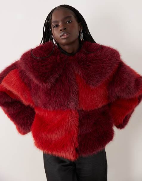 Ghospell faux-fur jas met oversized kraag in rood en bordeauxrood met kleurvlakken - view 1