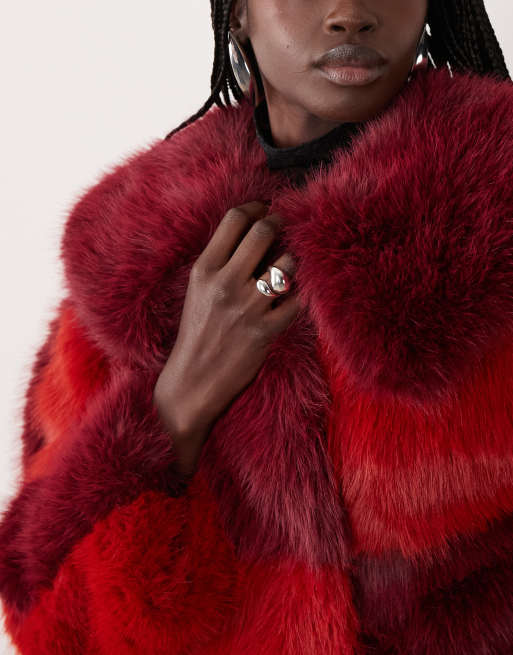 Ghospell faux fur oversized collar coat in red and burgundy colour block, 2 of 4