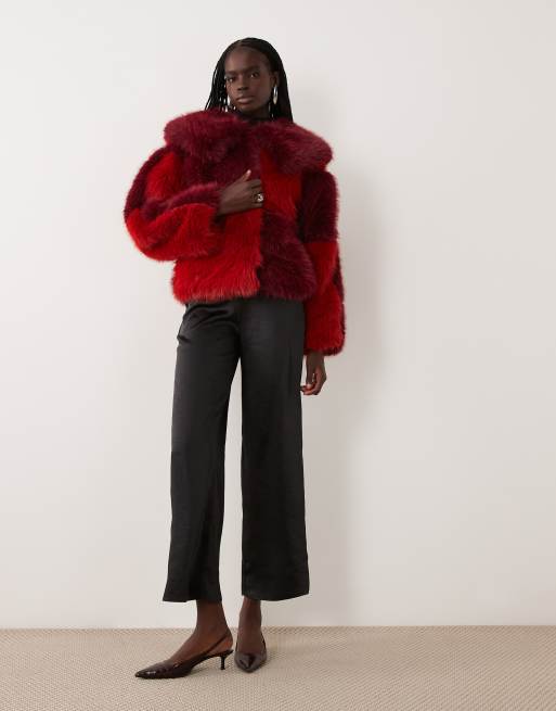 Ghospell faux fur oversized collar coat in red and burgundy colour block, 3 of 4