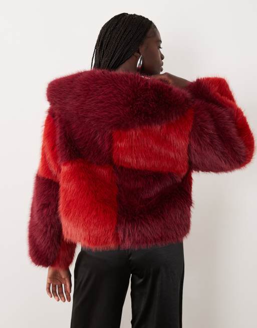 Ghospell faux fur oversized collar coat in red and burgundy colour block, 4 of 4
