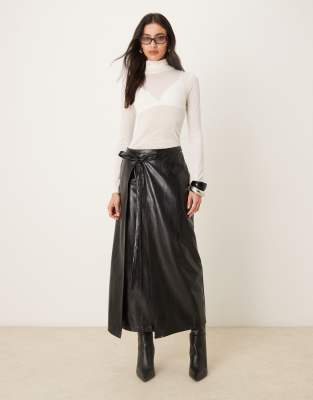 Ghospell Ghospell faux leather wrap midi skirt with tie detail in black