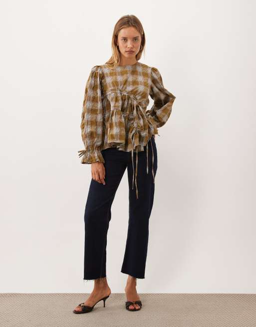 Ghospell Fern round neck long sleeve ruched asymmetric drawstring top in olive check, 2 of 4