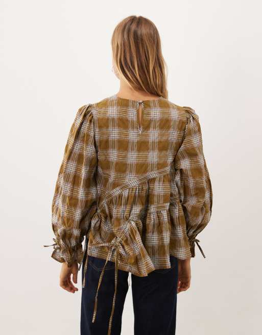 Ghospell Fern round neck long sleeve ruched asymmetric drawstring top in olive check, 4 of 4