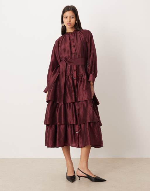 Ghospell Feven oversized tiered midi dress in burgundy