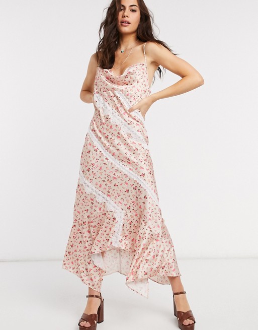 Ghospell floral maxi slip dress with lace inserts