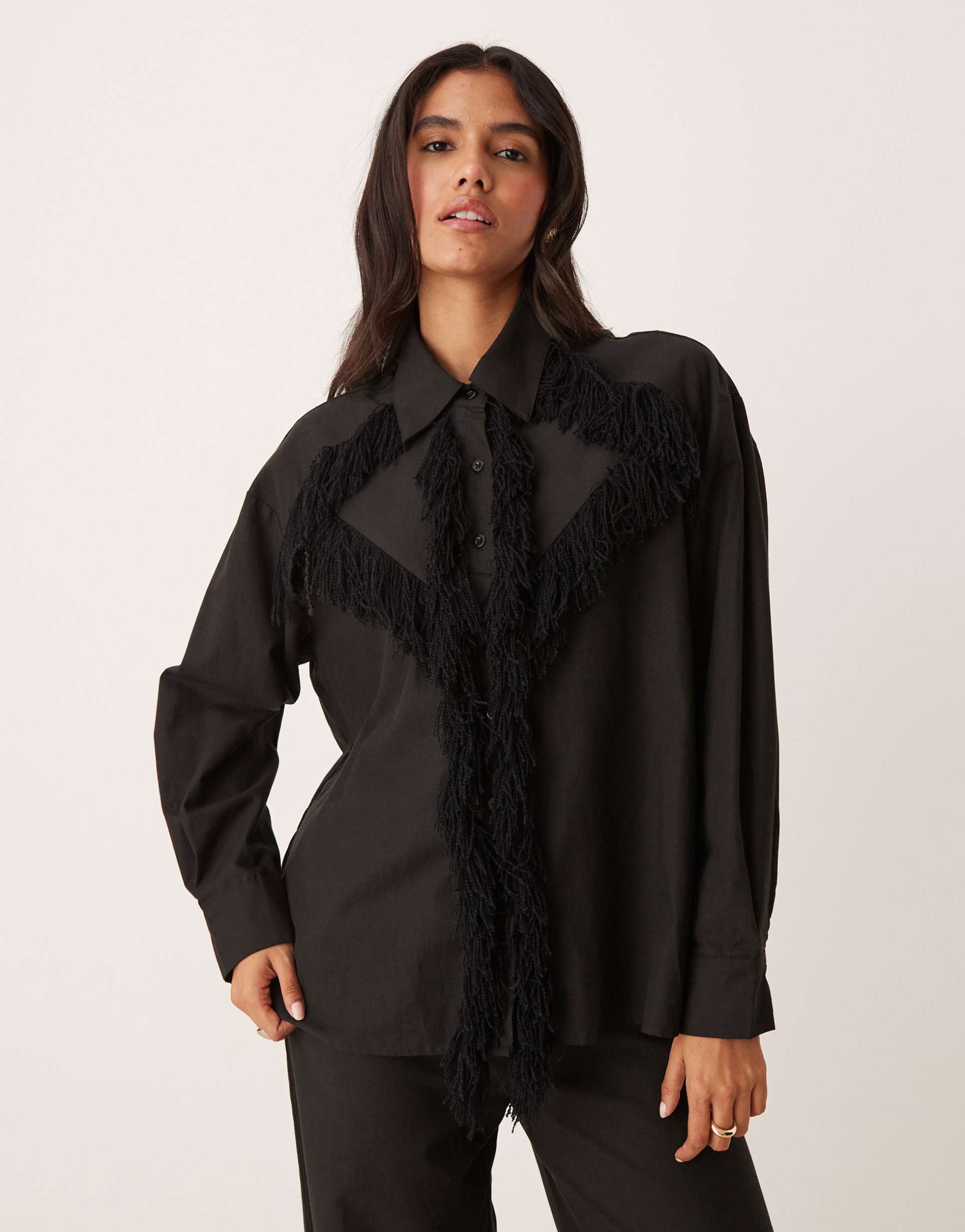 ghospell georgie fringed shirt in black - part of a set
