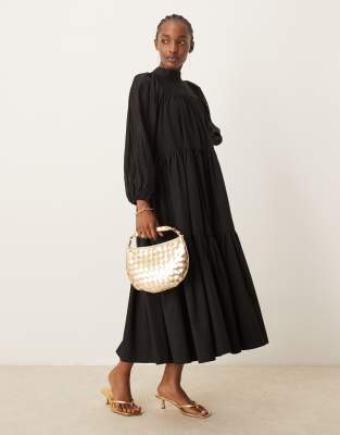 Ghospell Harriet Tiered Midi Dress In Black