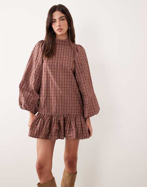 Ghospell high neck balloon sleeve ruffle hem mini dress in red plaid - view 1