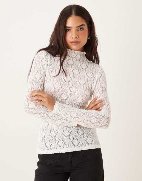 Ghospell high neck lace long sleeve top in white