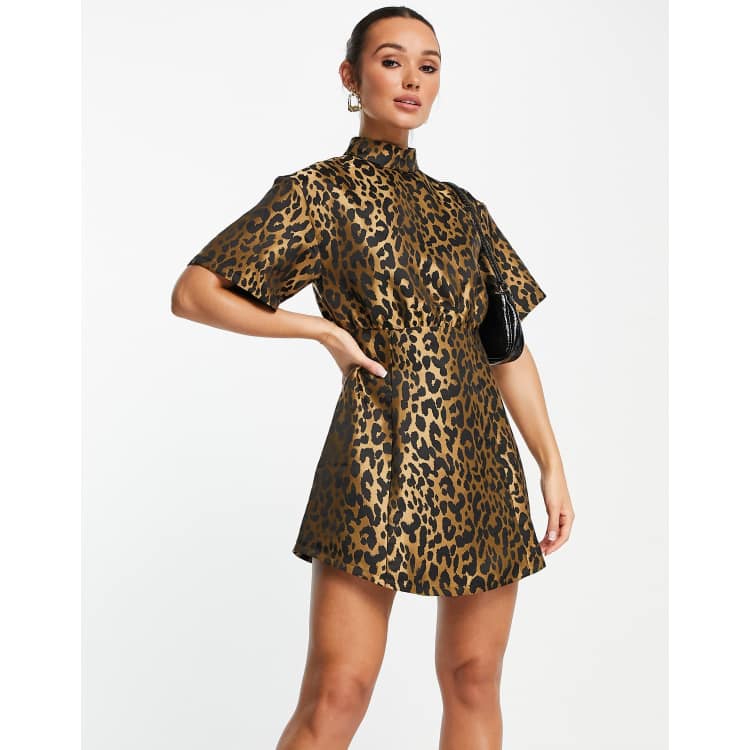Ghospell high neck mini dress in leopard jacquard | ASOS