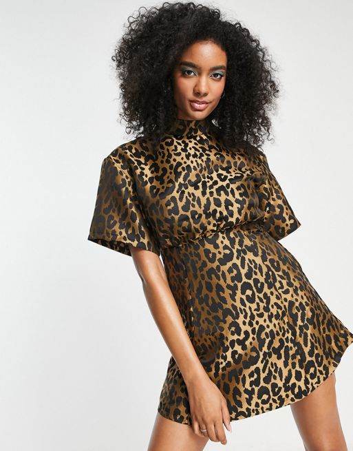 Ghospell high neck mini dress in leopard jacquard