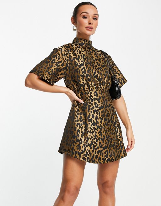 Ghospell high neck mini dress in leopard jacquard | ASOS