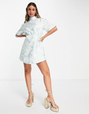ghospell green dress Women's Ran My Way Smocked Floral Mini Dress in White/Blue main image 0