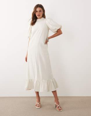 Ghospell High Neck Puff Sleeve Peplum Hem Midi Dress In White