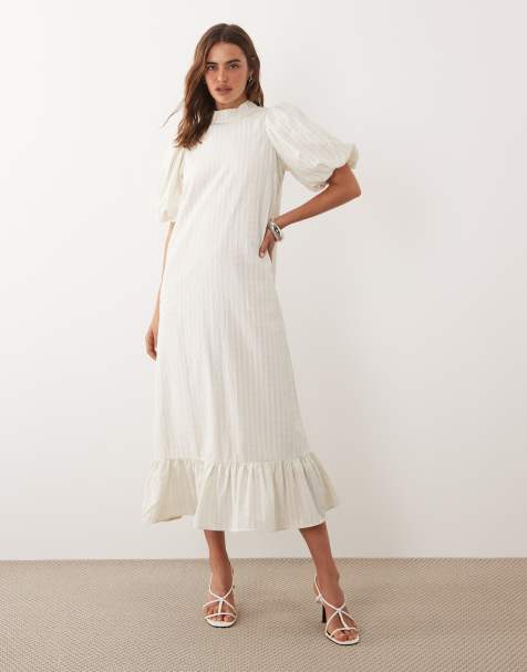 Ghospell high neck puff sleeve peplum hem midi dress in natural stripe - view 1